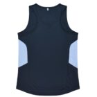 A navy blue sleeveless sports top with light blue side panels, displayed on a white background.