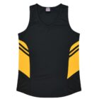 A sleeveless athletic jersey with a V-neck in black, featuring bold yellow panels and black stripes on the sides. The design is symmetrical and sleek.
