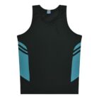A sleeveless black tank top with blue side panels and two horizontal blue stripes on each side. The fabric appears to be moisture-wicking, suitable for sports or casual wear. The background is white.
