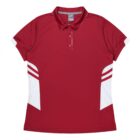 A red polo shirt with short sleeves and a collar. It features a three-button placket and white accents on the sleeves and sides. The style is simple and casual, suitable for both sports and everyday wear.