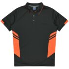 A black polo shirt featuring a dark orange collar and lower sections with two stripes on each side. The shirt has buttons near the collar and a sleek, sporty design.