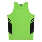 Bright green sleeveless athletic tank top with black diagonal stripes on the sides, displayed on a plain white background.