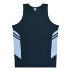 A sleeveless, navy blue athletic tank top with light blue side panels and two horizontal white stripes on each side. The top is laid flat on a plain white background.