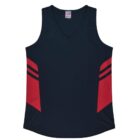 A sleeveless navy blue athletic tank top with a V-neck and red side panels featuring two black stripes on each side. The design is sporty and modern.
