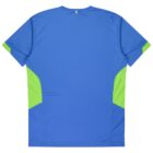 A blue athletic shirt with short sleeves, featuring green panels on both sides. The shirt is displayed from the back.