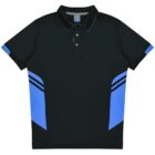 A black polo shirt with blue accents on the sides and sleeves. It features a buttoned collar and two thin stripes on each sleeves blue section.