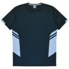 A dark green short-sleeve shirt featuring light blue panels on the sides and light blue stripes on the sleeves.