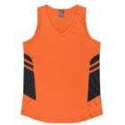 An orange sleeveless athletic jersey with black side panels and diagonal stripes. The jersey features a V-neck design and a slightly curved hem.