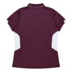 A short-sleeved polo shirt in a rich maroon color with white side panels and a collar. The shirt is displayed flat from the back, showcasing its simple, sporty design.
