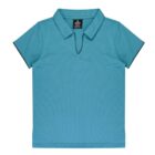 A teal short-sleeve polo shirt with a black-edged collar and neckline. The shirt has a simple design with a small logo on the inside tag, displayed against a white background.