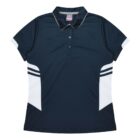 A navy blue polo shirt with a collar and button-up front. It features white accents on the sides and white-striped detail on the sleeves.