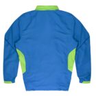 A blue jacket with long sleeves, featuring neon green accents on the collar, sides, and cuffs. The jacket is laid flat, facing backwards, against a white background.