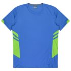 A blue athletic t-shirt with green accents on the sides and sleeves. The design features three horizontal stripes on each side in the green sections.