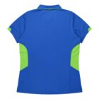 A blue collared polo shirt with bright green panels on the sides and sleeves. The shirt is displayed from the back against a plain white background.