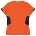 Orange short-sleeve sports shirt with black side panels, viewed from the back on a white background.