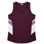 A sleeveless maroon sports jersey with a V-neck design. It features white side panels with two maroon horizontal stripes on each side. The fabric appears smooth and lightweight.