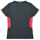 Back view of a short-sleeve sports shirt in dark green with bright red panels on the sides and sleeves, displayed against a white background.