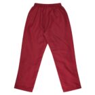 Red sweatpants with an elastic waistband, laid flat against a white background. The fabric appears smooth and slightly shiny, with a relaxed fit.