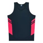 A sleeveless black athletic tank top with bright pink panels on the sides and black stripe accents. The fabric appears lightweight, designed for sports or exercise. The top view emphasizes its color contrast and design details.