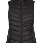 Black, quilted puffer vest with a high collar and front zipper, featuring zippered side pockets.