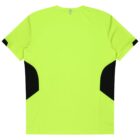 A bright neon yellow short-sleeve shirt with black geometric accents on the sides, laid flat on a white background. The back of the shirt is shown, highlighting the contrast between the colors.