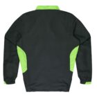A long-sleeved jacket viewed from the back, featuring a dark green body with bright green panels on the sides and a bright green collar. The cuffs are elasticized.