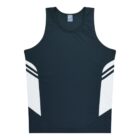 A sleeveless athletic tank top in dark navy, featuring white side panels with two thin horizontal stripes. It has a round neckline, suitable for sports or casual wear. Flat display on a white background.