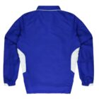 Back view of a royal blue jacket with long sleeves and white accents on the sides. The jacket has elastic cuffs and a collar, set against a plain white background.