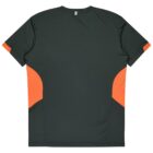 A dark green T-shirt with short sleeves, featuring orange side panels. The shirt is displayed from the back, showing a simple design with no visible logos or text.
