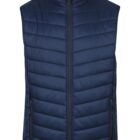 A navy blue puffer vest with a high collar and a full-length front zipper. The vest features horizontal quilted stitching and two zippered side pockets.