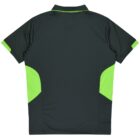 The image shows the back of a short-sleeve sports jersey. It is primarily dark green with bright green accents on the sides and sleeve edges. The jersey has a collar and appears to be made of a lightweight, breathable fabric.