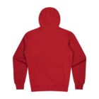 A red hooded sweatshirt viewed from the back, showing a plain design with no visible logos or patterns. The hood is up, and the sleeves are long, ending with ribbed cuffs.