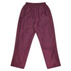 A pair of maroon track pants with an elastic waistband and zippered pockets, displayed flat on a white background.