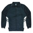 A dark blue zip-up track jacket with long sleeves and white accents on the sides and cuffs. The jacket has a high collar and a simple, sporty design.