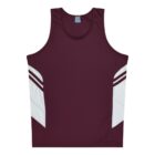 A sleeveless maroon sports jersey with a round neckline. It features white diagonal stripes on both sides near the lower hem and underarms, adding a dynamic design element against the solid maroon color.