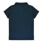 Back view of a dark green short-sleeve polo shirt with a collar. The shirt has red trim on the sleeve edges.