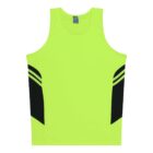 Bright yellow sleeveless sports jersey with black diagonal stripes on the sides, displayed on a plain white background.