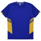A blue athletic t-shirt with yellow accents on the sides and sleeve edges. The shirt features two horizontal yellow stripes near the bottom on each side, adding a sporty design element.