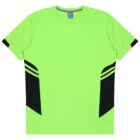 A bright lime green T-shirt with black geometric accents on the sides and sleeves. The shirt features a round neckline and a subtle brand logo on the inside label.