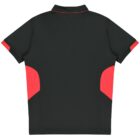 A black polo shirt with red accents on the sleeves and side panels. The shirt is laid flat, showing the back side. It has a contrasting red line along the collar’s edge.