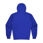 The image shows the back view of a plain blue hoodie. It features a hood and long sleeves, displayed against a white background.