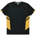 A black sports jersey with short sleeves featuring yellow geometric accents on the sides. The jersey has a small blue and white label near the neckline and is laid flat against a white background.