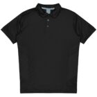 A black short-sleeve polo shirt with a classic collar and three buttons. The shirt features subtle stitched patterns on the sides, adding texture to the design.