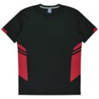A black T-shirt with red panels on the sides and two horizontal black stripes on each red panel. The shirt has a simple round neckline and short sleeves, with a casual athletic design.
