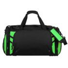 A black and bright green duffel bag with multiple compartments, a top handle, and an adjustable shoulder strap. The design is sleek and sporty, suitable for travel or gym use.