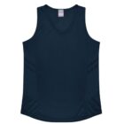 A navy blue sleeveless athletic tank top with a V-neck design. The sides feature subtle stripe accents. The fabric appears lightweight, suitable for sports or casual wear.