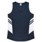 A sleeveless, dark blue sports tank top with white and black striped accents on the sides. It has a V-neck and is laid flat against a white background.