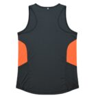 A sleeveless sports tank top in dark green, featuring bright orange side panels. The back view shows a simple design with a slightly rounded hem and a lightweight, breathable fabric.