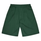 Dark green athletic shorts with an elastic waistband are displayed against a white background. The shorts have a simple design and reach slightly above the knee.
