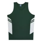 A sleeveless, dark green athletic tank top featuring two white panels with green stripes on the sides. The tank has a round neckline and a small tag inside the collar.